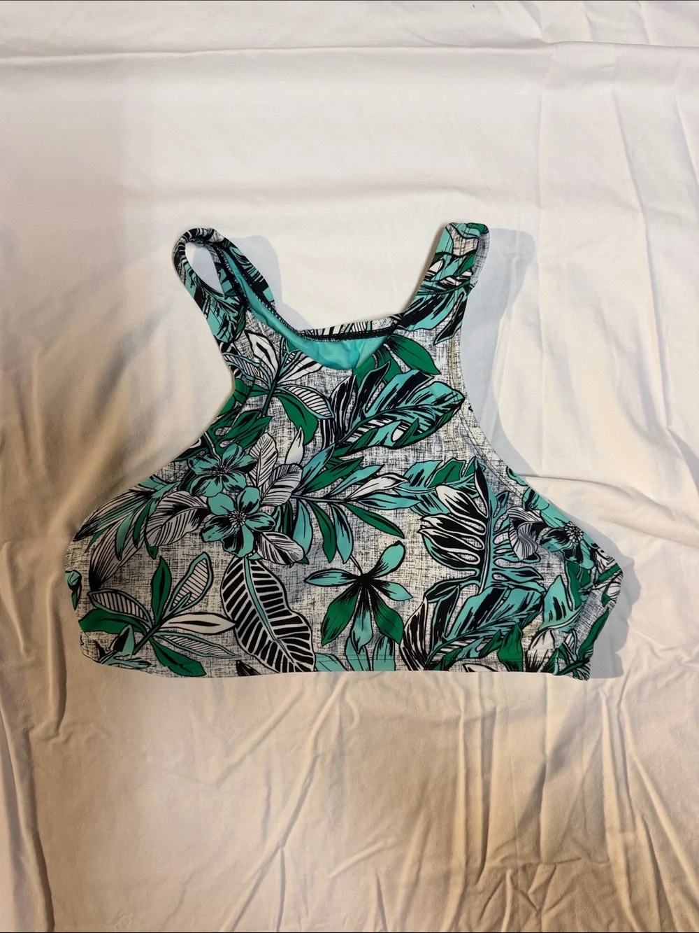 Mossimo Supply Co. Teal Green and Black Tropical High-Neck Swim Crop Top